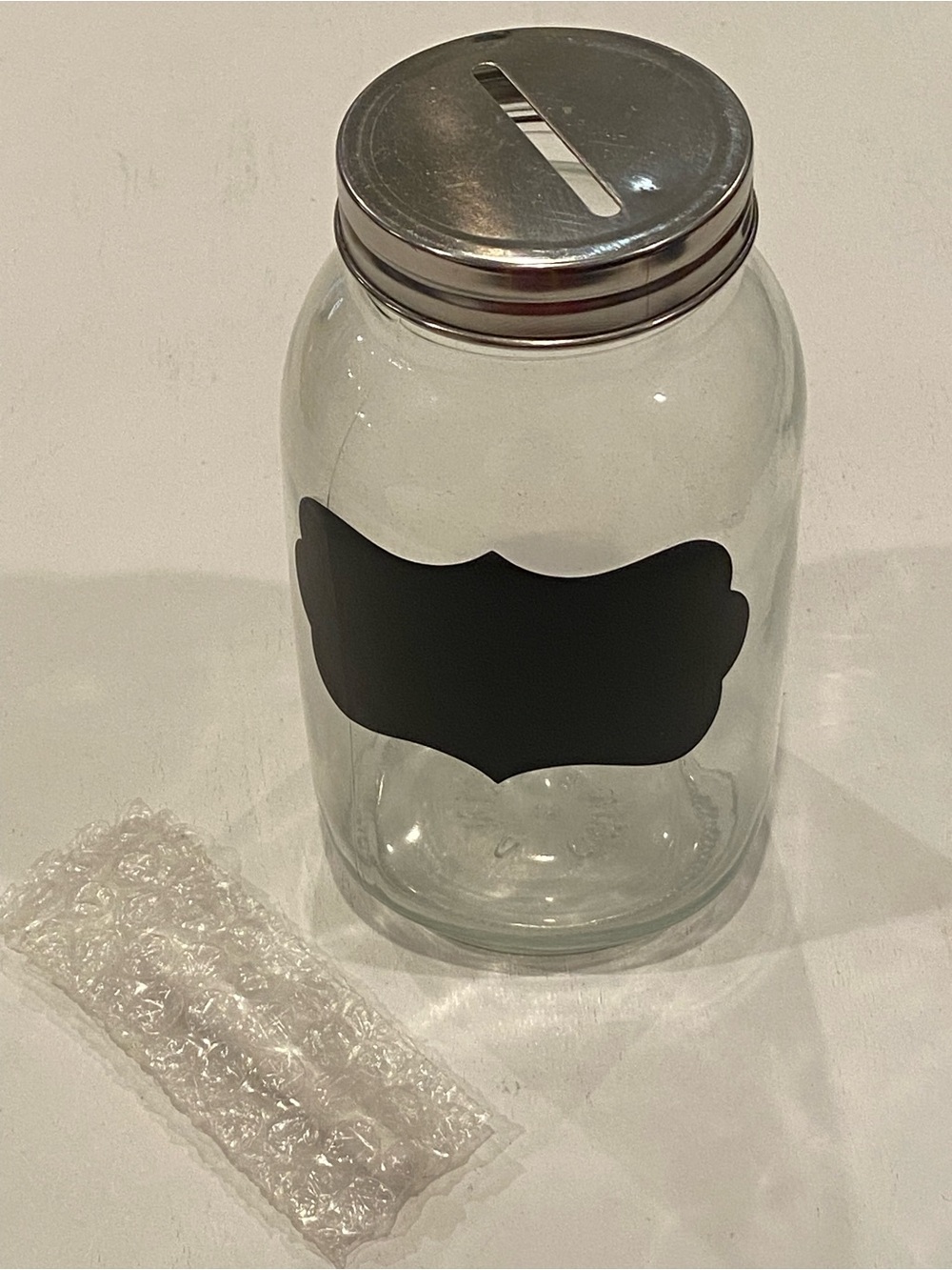 Glass Money Jar with Chalkboard Label & Silver Lid